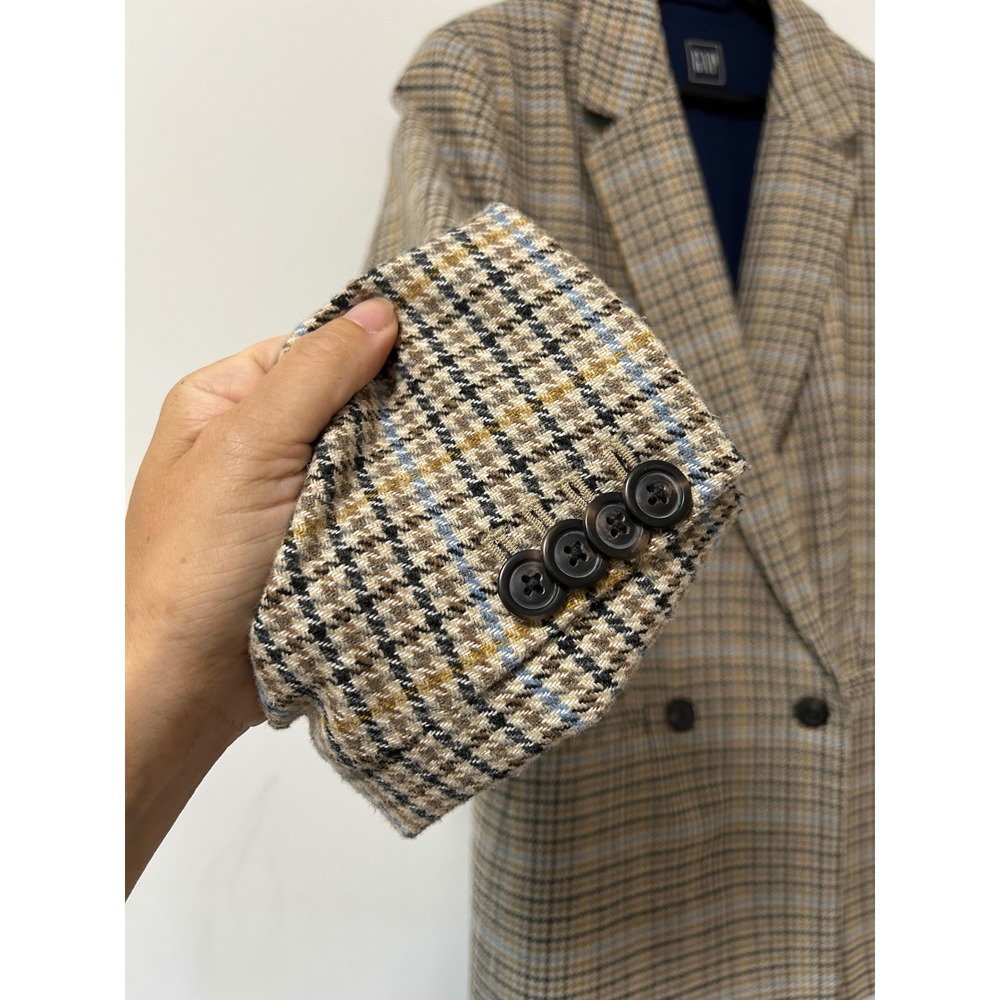 Gap Double Breasted Plaid Blazer Women 12 Tall Brown Dark Academia Houndstooth - Picture 3 of 12